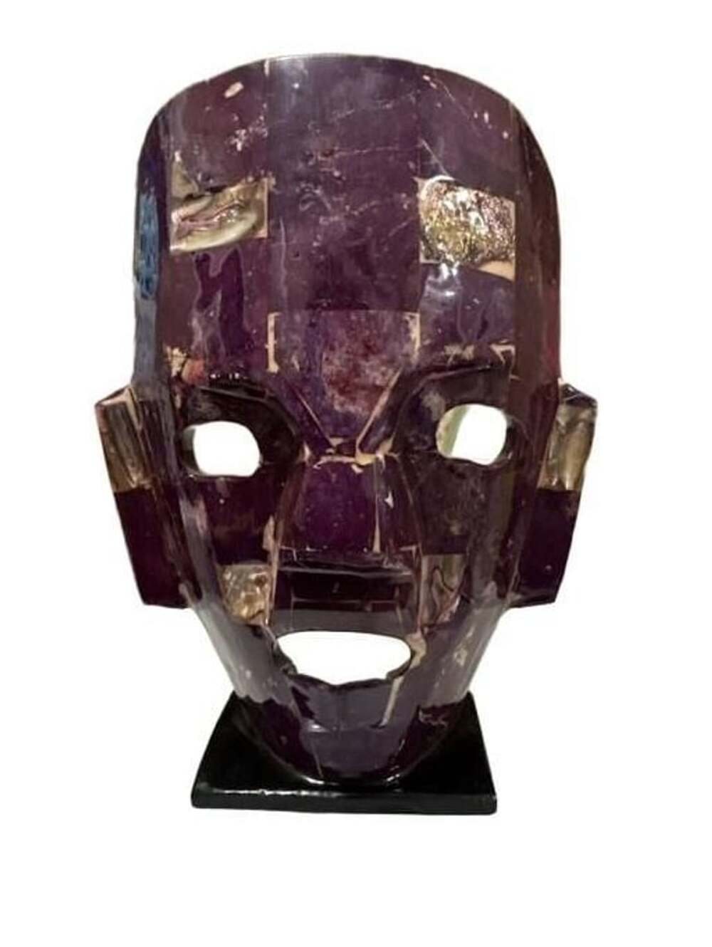 Mexican Artisan Mayan Aztec Stone Mosaic Death Mask with Stand Purple